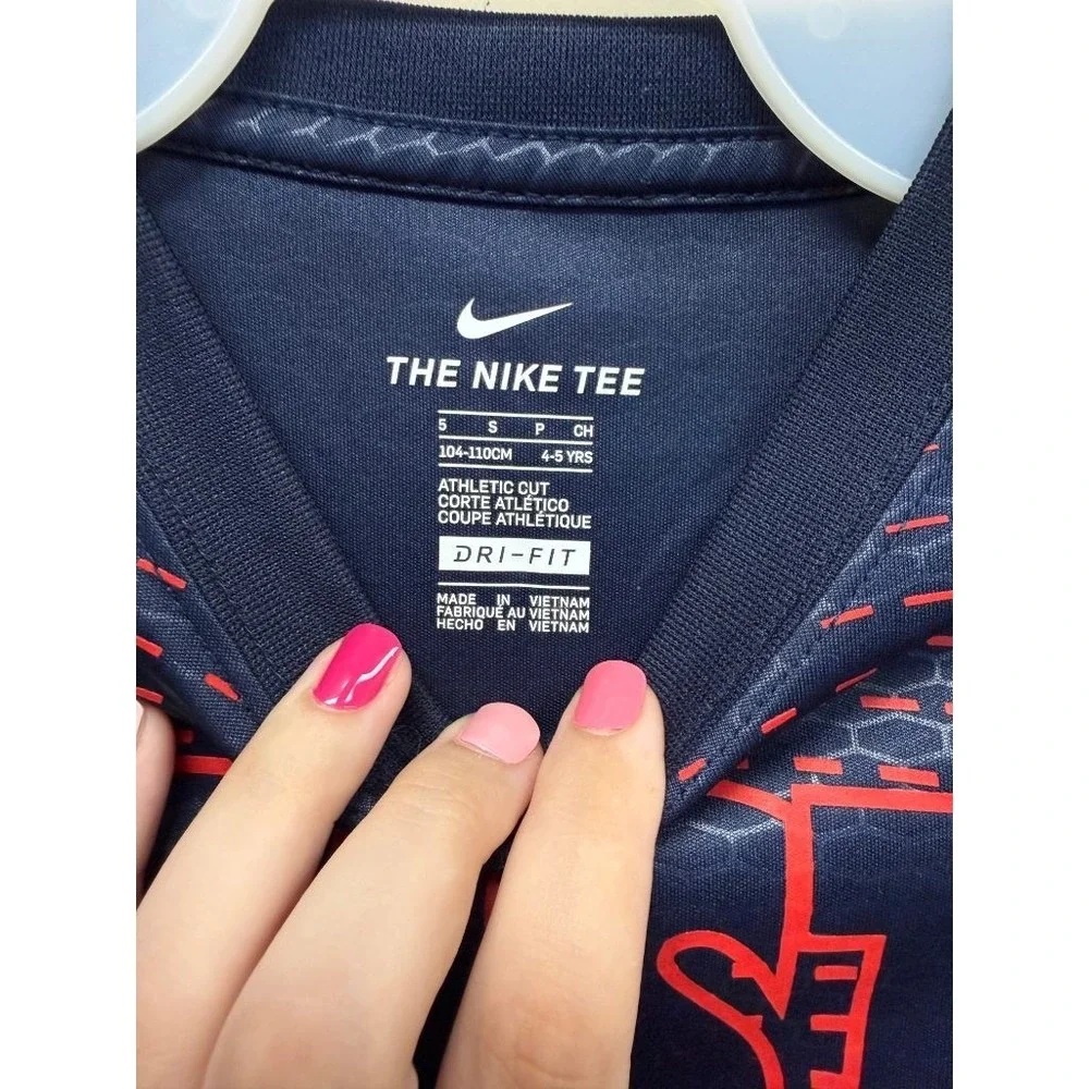 Nike Dri-Fit Boys Just Do It Long Sleeve Shirt Size 5 4-5 YRS Navy Red Athletic